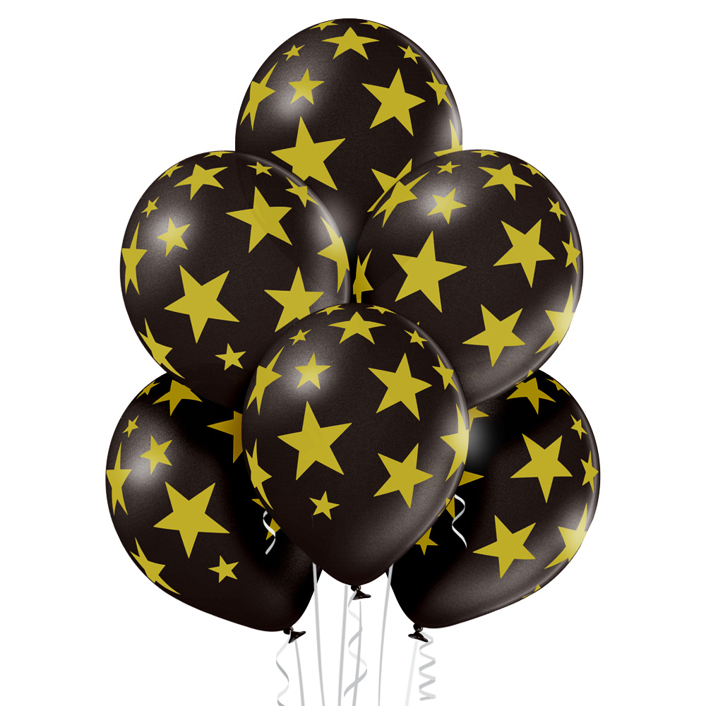 Balónky černé s potiskem zlaté hvězdy 6 ks 30 cm