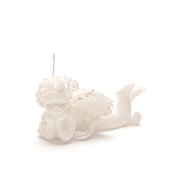 Svíčka anděl ležící bílá perleťová 7,5 cm x 15 cm x 7,5 cm