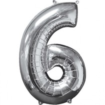 Balónek fóliový narozeniny číslo 6 stříbrný 66cm