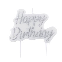 Dortová svíčka Happy Birthday stříbrná s glitry 8 cm x 6 cm
