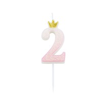 Svíčka číslo 2 růžová s korunkou a glitrem 9,5 cm