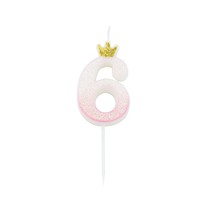 Svíčka číslo 6 růžová s korunkou a glitrem 9,5 cm