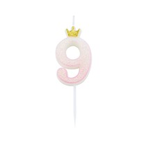 Svíčka číslo 9 růžová s korunkou a glitrem 9,5 cm
