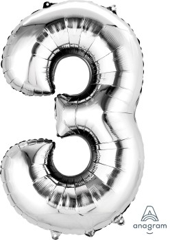 Balónek fóliový narozeniny číslo 3 stříbrný 86 cm