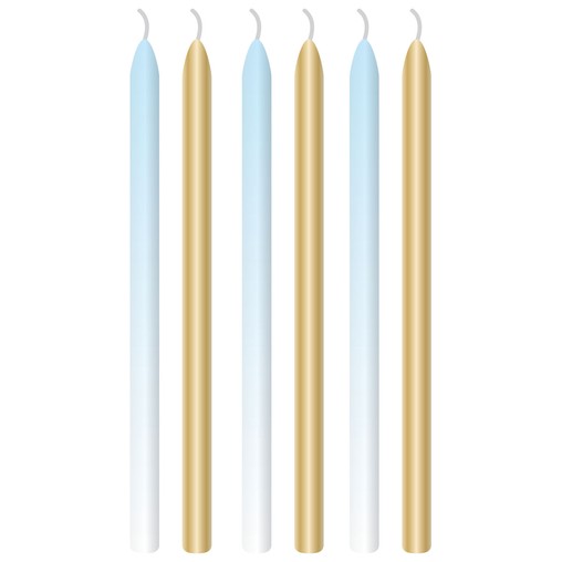 Dortové svíčky světle modré a zlaté s držáky 6 ks 12 cm