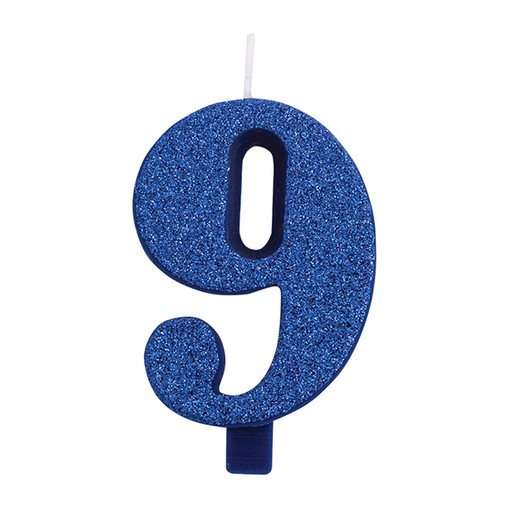 Svíčka číslo 9 modrá s glitrem 9,5 cm